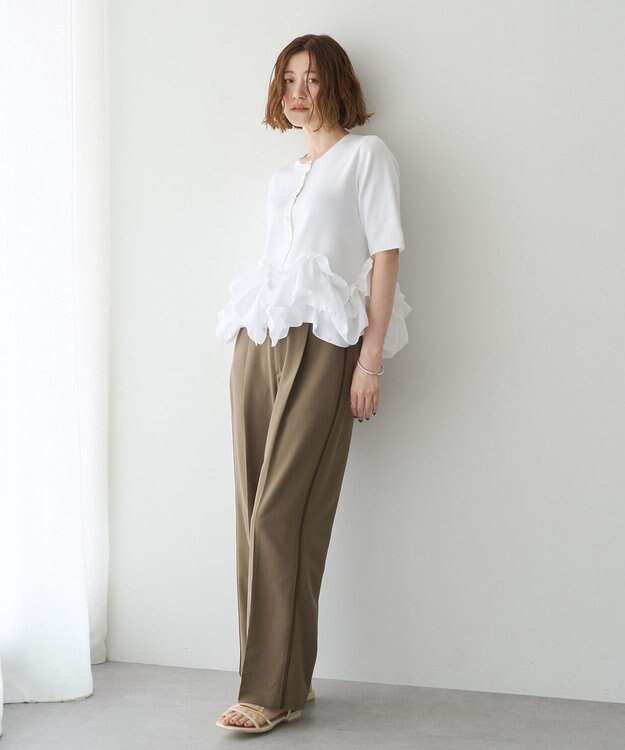 YECCA VECCA パール釦ラッフル5分袖カーディガン Off White