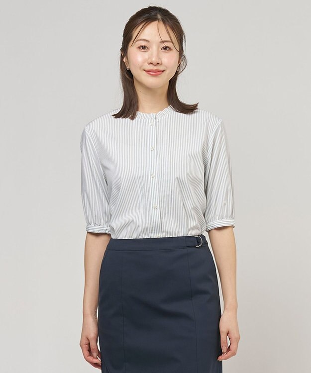 J.PRESS LADIES 【一枚で着映え】ソフトストライプ フリル襟 ブラウス ホワイトストライプ系