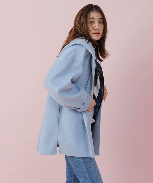 UNFILO 【撥水】ウール混リバー フーデットコート スカイブルー系