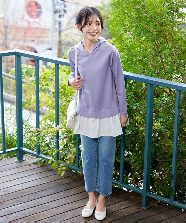 Tiaclasse L 【洗える】ポンチドッキングギャザーパーカー　 ラベンダー×オフホワイト