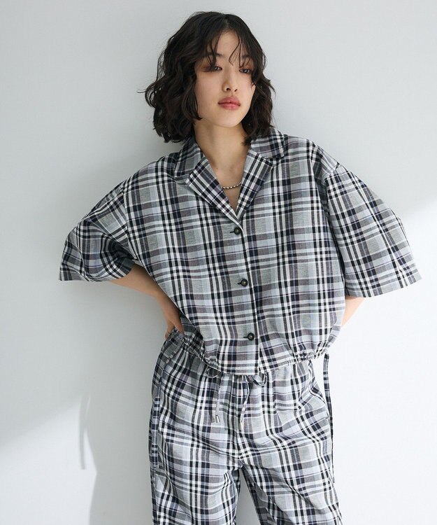 Green Parks 綿麻混裾ドロスト開襟シャツジャケット Check