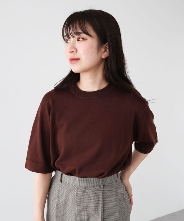 Green Parks 袖裏配色５分袖ニットプルオーバー Brown