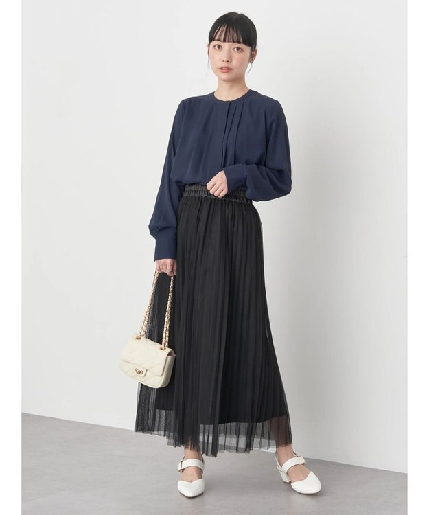 earth music&ecology ノーカラーフロントタックブラウス Navy