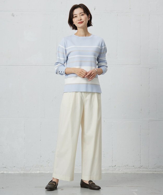 J.PRESS LADIES 【洗える】Rayon Stretch Border ニット サックスブルー×オフ系
