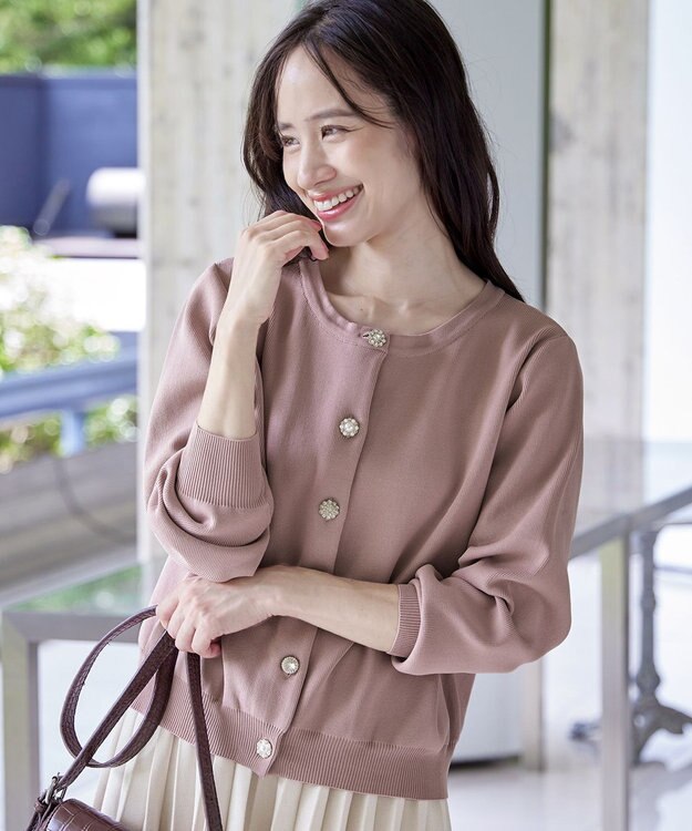 Tiaclasse L 【洗える】中空糸ビジューボタンカーディガン ピンク