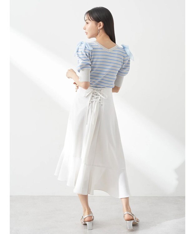 earth music&ecology アシメペプラムフレアバックレースミディ丈スカート White