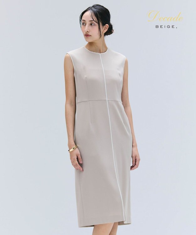 BEIGE， 【洗える】CINDY / クルーネックノースリーブワンピース Taupe × White