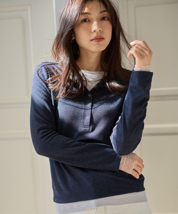 ANY クリアラメフライスヘンリーネックプルオーバー ネイビー