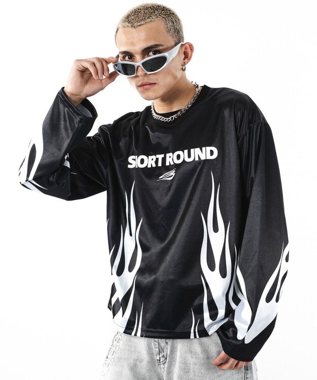 WEGO 【ユニセックス着用ITEM】ファイヤーパターンゲームロゴT（長袖） ブラック