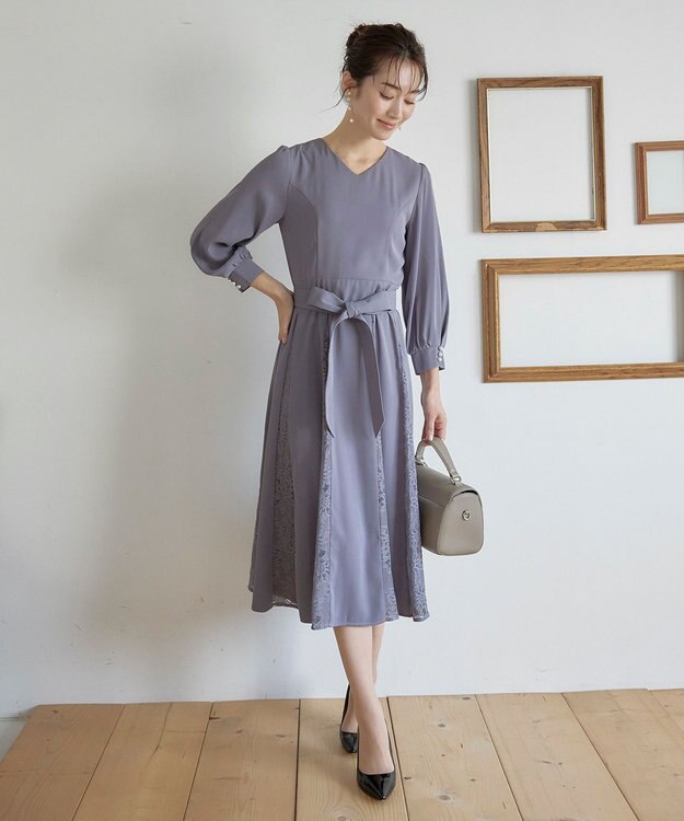 Tiaclasse L 【洗える】レース切り替えフレアワンピース ラベンダー
