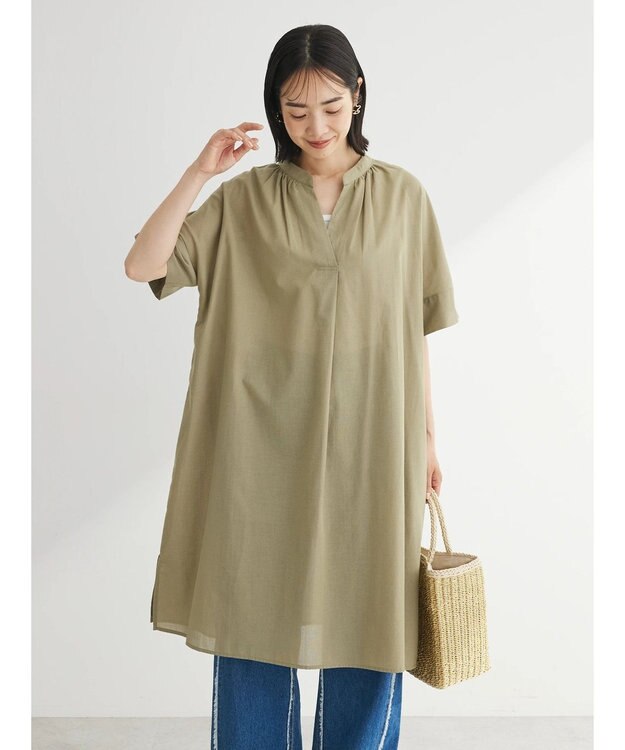 Green Parks 綿麻混スキッパーミニワンピース Khaki