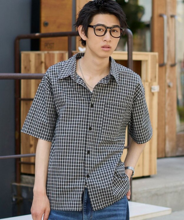 WEGO クロップドSSマイクロチェックシャツ ブラックチェック1