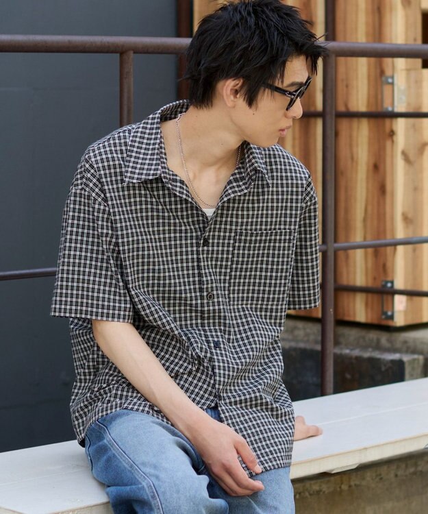 WEGO クロップドSSマイクロチェックシャツ ブラックチェック1