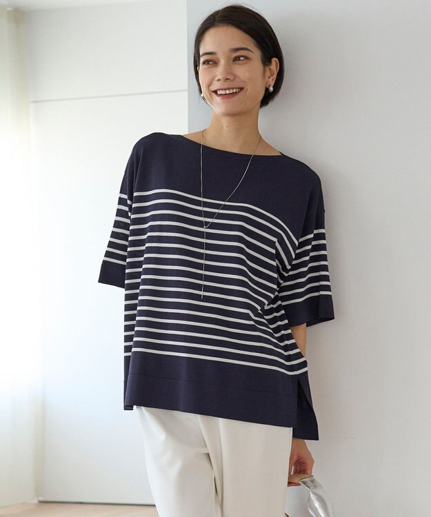 UNFILO スゴ機能 ハーフスリーブニットT ネイビー×オフ