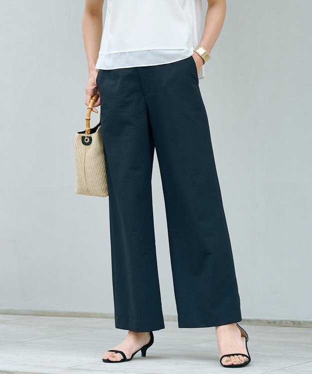 J.PRESS LADIES 【洗える・吸水速乾】DRYライトサッカー ワイド パンツ ネイビー系