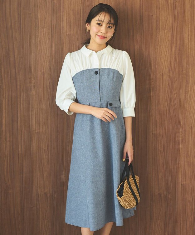 Feroux 【洗える】シャツドッキング ワンピース ネイビー系