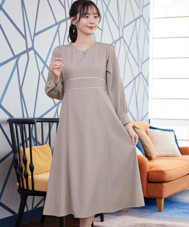 Tiaclasse L パイピングフレアワンピース ベージュ