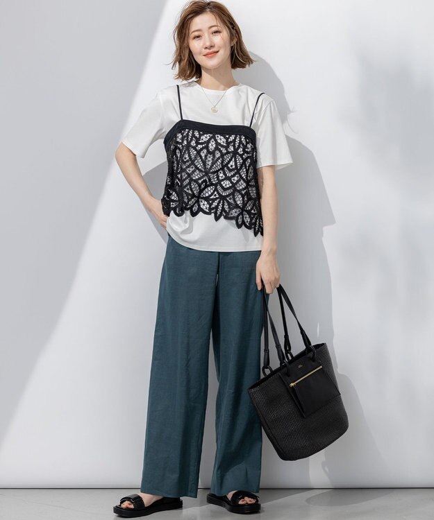 23区 【Oggi5月号掲載/洗える】リネンレーヨンストレッチ ワイド パンツ ダークグリーン系