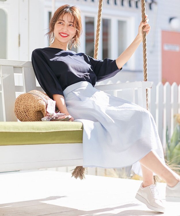 ANY SIS 【洗える】エアリーストライプ スカート ブルーストライプ