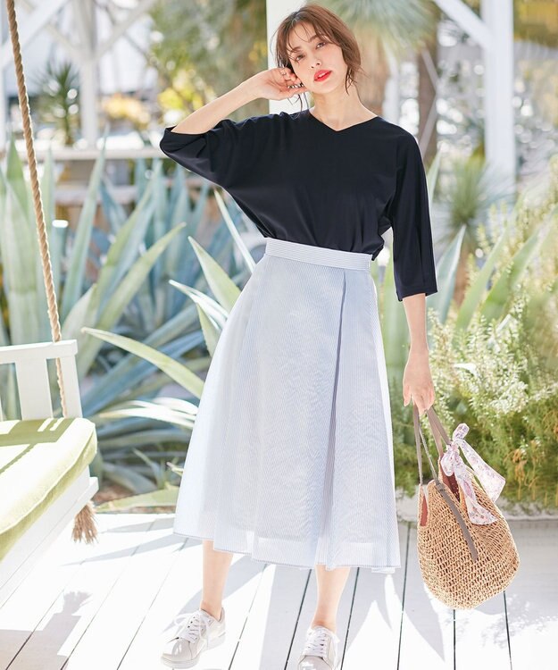 ANY SIS 【洗える】エアリーストライプ スカート ブルーストライプ