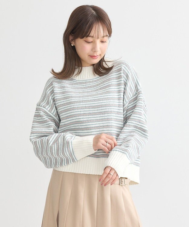 earth music&ecology マルチボーダーベロアモールプルオーバー Ivory