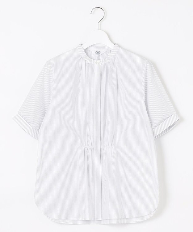 J.PRESS LADIES L 【洗える】APESCO ストライプ バンドカラー ブラウス ライトグレー系1