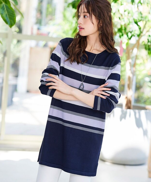 Tiaclasse 【洗える】マルチボーダーニットチュニック ボルドー