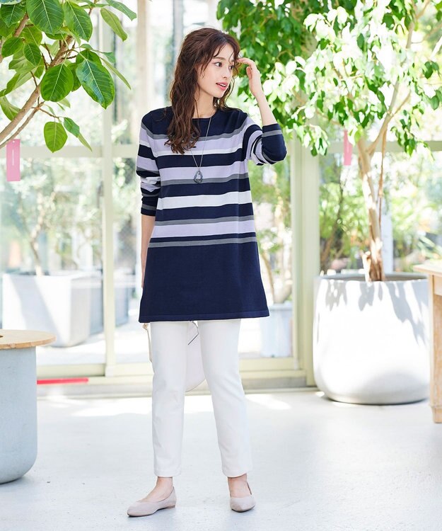 Tiaclasse 【洗える】マルチボーダーニットチュニック ボルドー