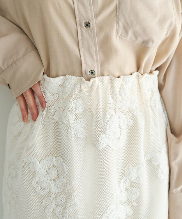 YECCA VECCA フラワー柄刺繍メッシュスカート Ivory