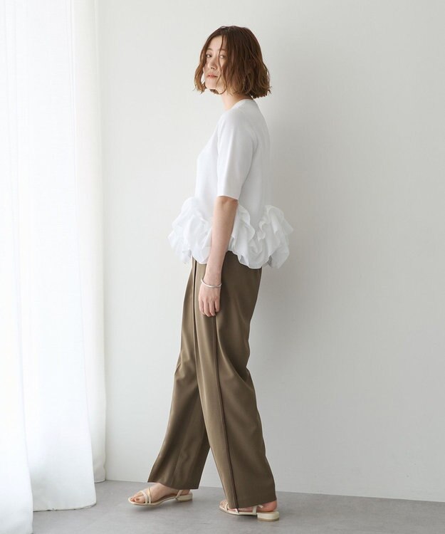 YECCA VECCA パール釦ラッフル5分袖カーディガン Off White