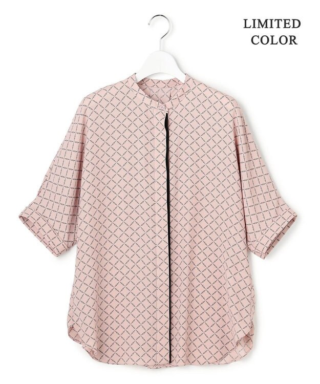 ICB L 【先行予約・WEB限定カラーあり】BackSatinAmunzen 5分袖バンドカラーブラウス ヘイズピンク×スクエアビット柄［WEB限定］