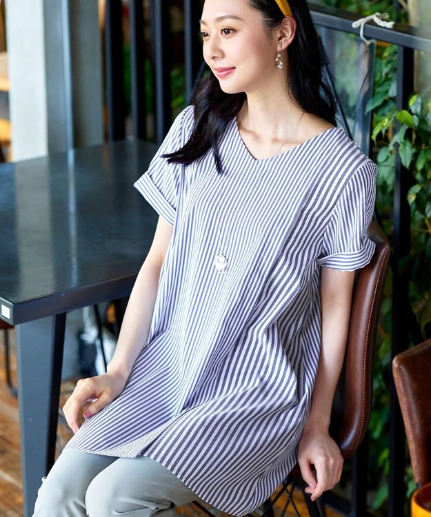 Tiaclasse 【洗える】体型カバーも叶うアシンメトリーストライプチュニックブラウス ネイビー