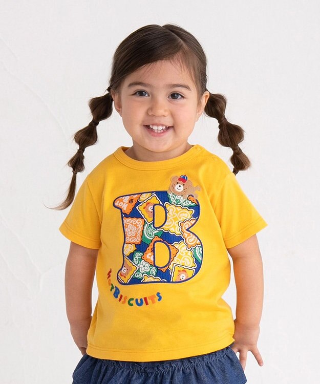 MIKI HOUSE HOT BISCUITS 【80-120cm】 バンダナ柄 ワッペン 半袖Tシャツ 黄