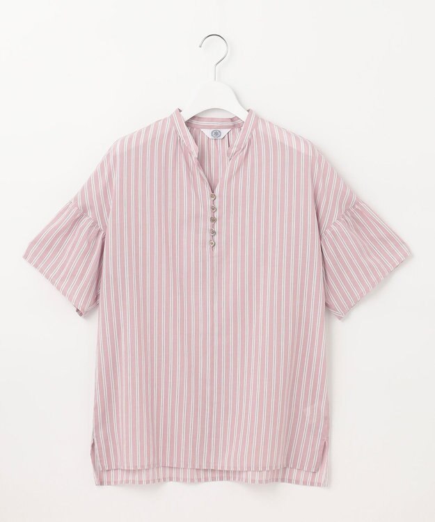J.PRESS LADIES 【洗える】綿キュプラコードストライプ キーネック ブラウス ピンク系1