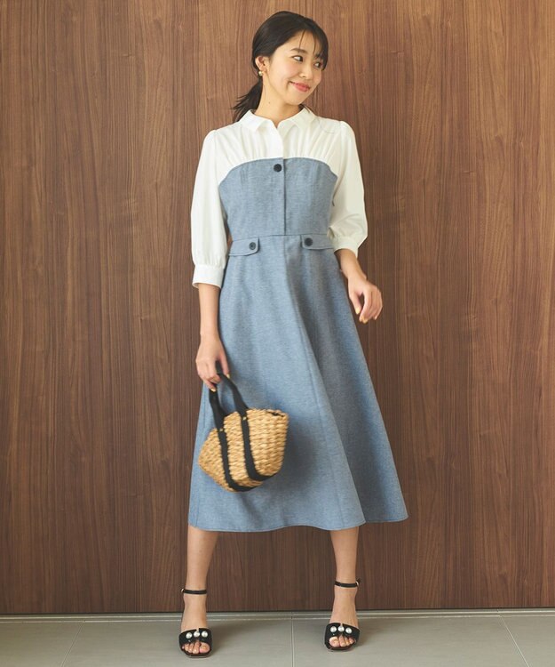 Feroux 【洗える】シャツドッキング ワンピース ネイビー系
