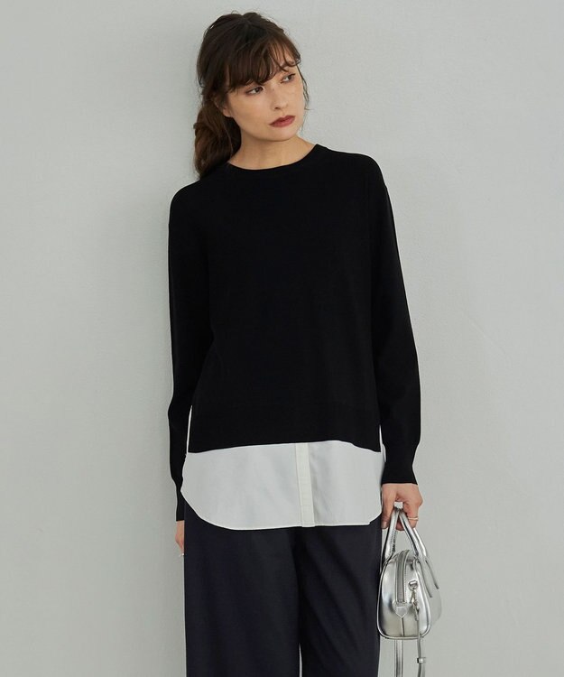 ICB L 【洗える】クロスコンビ シャツドッキングプルオーバー ブラック系