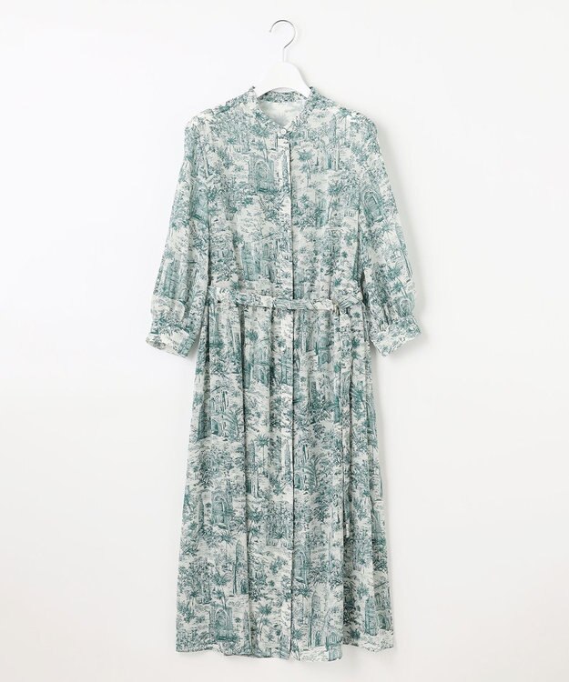 自由区 L 【洗える】ランドスケーププリント ワンピース ボトルグリーン