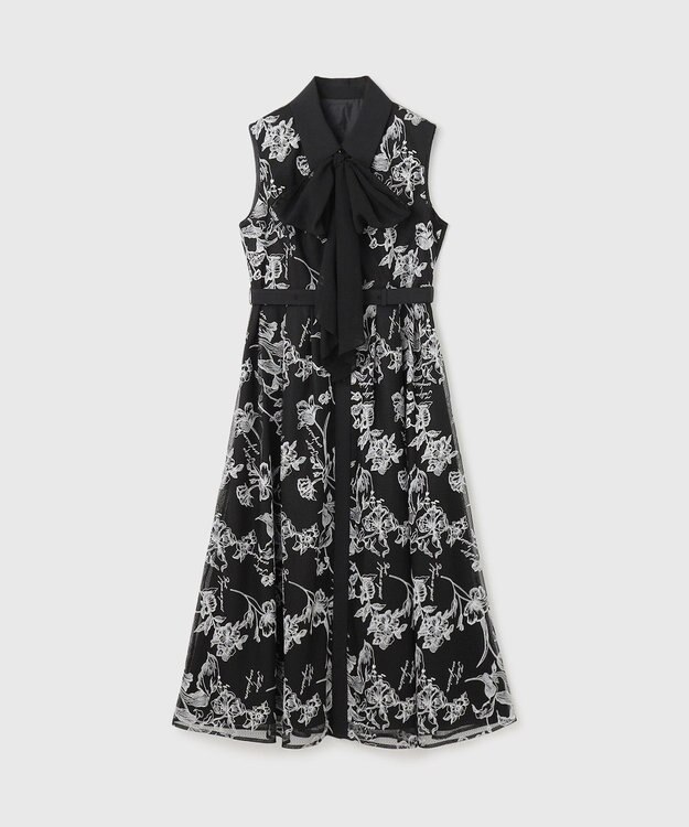GRACE CONTINENTAL フラワー刺繍ボウタイドレス ブラック