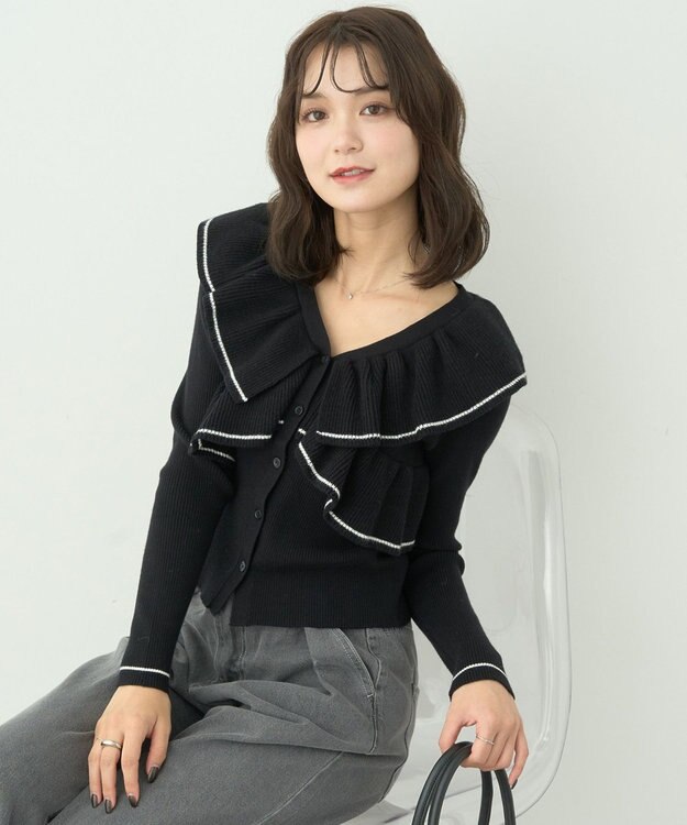 earth music&ecology Ｖネックフリルニットカーディガン Black