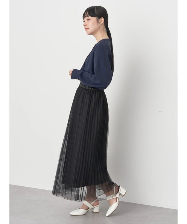 earth music&ecology ノーカラーフロントタックブラウス Navy