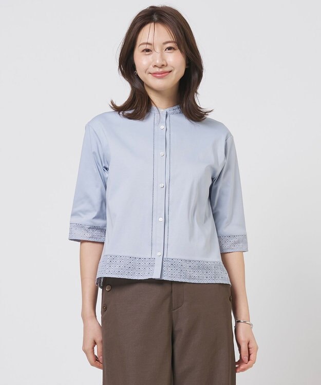J.PRESS LADIES エンブロコンビ シャツジャージー バンドカラー カットソー グレイッシュブルー系