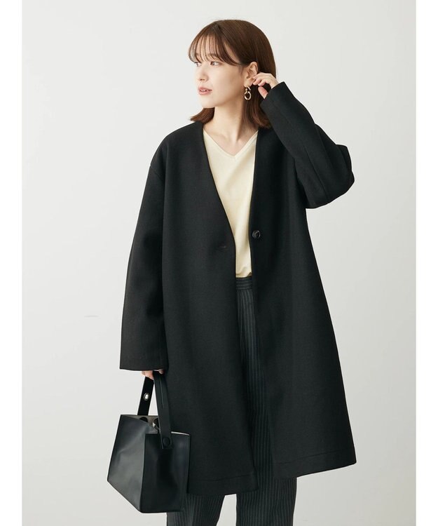 Green Parks 洗えるＶネックミディ丈コート Black