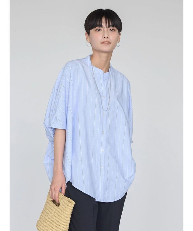 AMERICAN HOLIC 接触冷感＋ＵＶカット　ギャザースリーブブラウス Stripe Sax