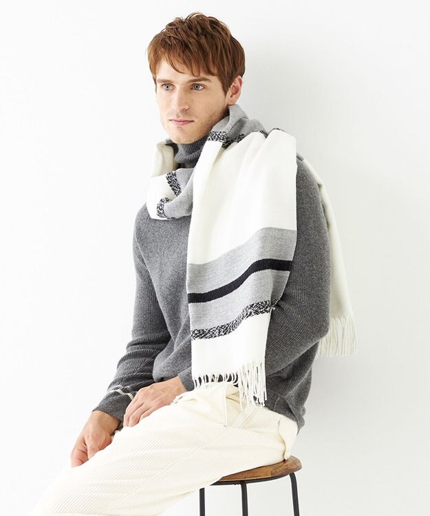 JOSEPH ABBOUD MOUNTAIN 【SPACE／UNISEX】ビッグボーダー ストール ホワイト系2