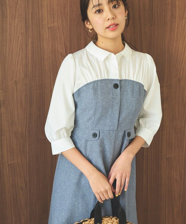 Feroux 【洗える】シャツドッキング ワンピース ネイビー系