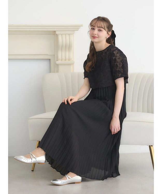 earth music&ecology ＳＥＴ２点　オーガンジー刺繍＋プリーツワンピース Black