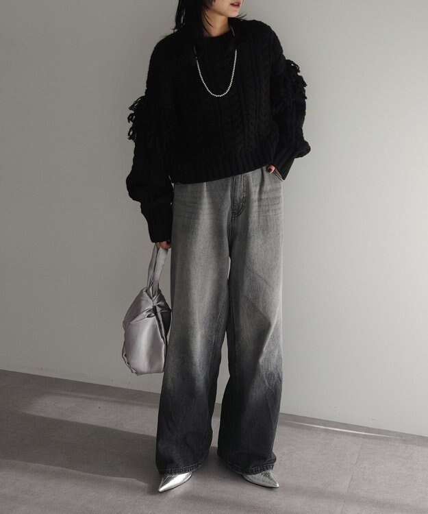 Green Parks フリンジスリーブショート丈ケーブルニット Black