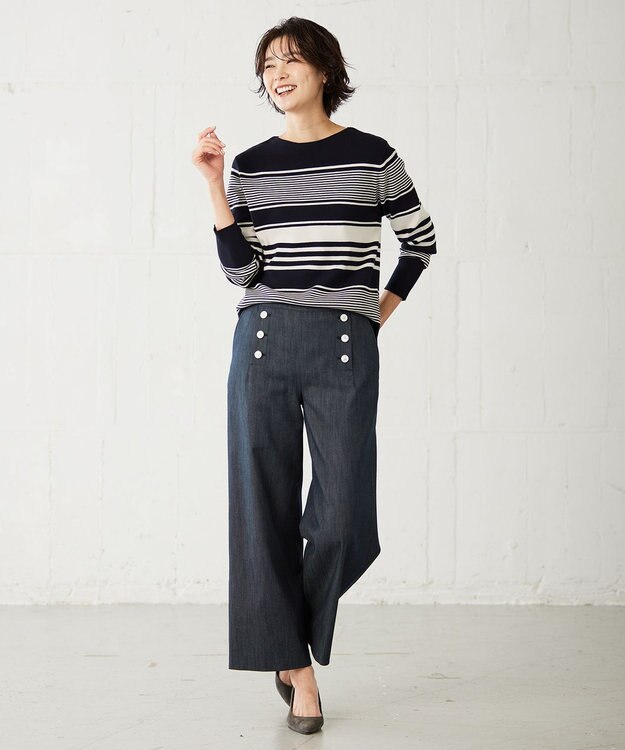 J.PRESS LADIES 【洗える】セルロースシャンブレー セミワイド マリン パンツ ネイビー系