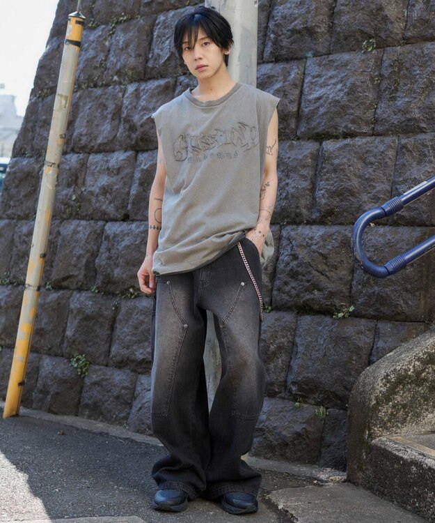 WEGO 【ユニセックス着用ITEM】ブリーチダメージアップリケノースリーブ グレー