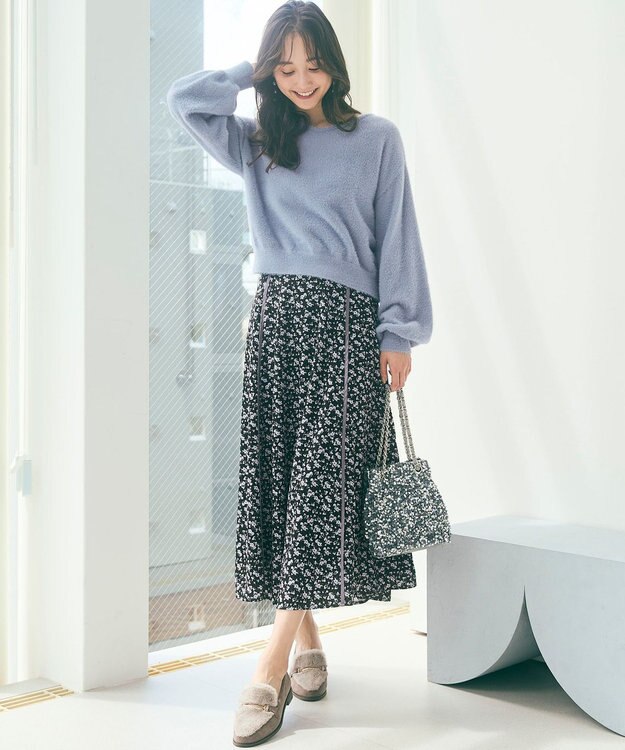 ANY SIS L 【全方位 好印象】ラメフェザーニット×フラワースカート セット ブルー